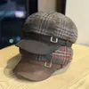 Otoño Invierno Pato Marrón Retro Cuadros Boina Sombrero Mujeres Circunferencia de Cabeza Grande Octogonal Gorra de Periodista Hace que la Cara se Vea Más Pequeña Sombrero de Pintor