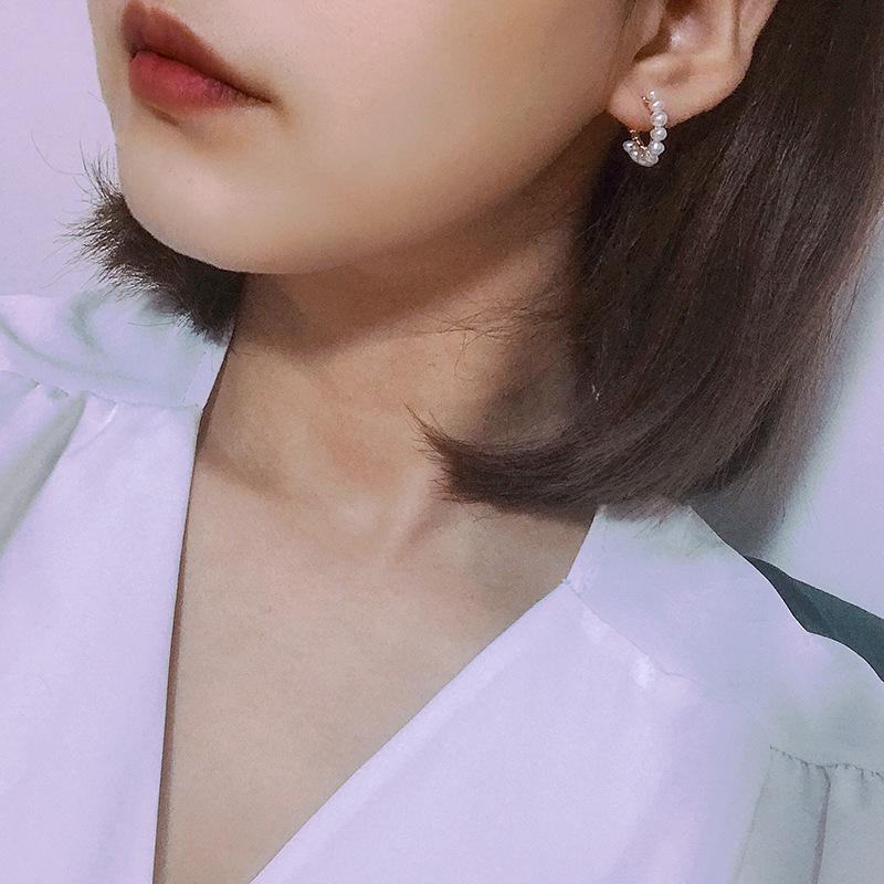 欧美个性创意绕线编织C形耳圈天然淡水珍珠耳钉