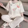 Pijama Nuevo Estilo Chino para Mujer, Conjunto de Dos Piezas de Algodón Nube de Verano con Mangas Cortas y Pantalones Largos, Conjunto Dulce y Casual de Estilo Nacional para Casa
