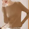 Nuevo suéter de punto fino de cuello redondo para mujer, primavera y otoño, elegante y ajustado, capa base, top corto para mujer