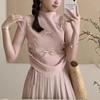 Estilo coreano suave elegante tridimensional laço meia-alta gola voadora manga de malha camisa feminina verão all-match slim manga curta t-shirt
