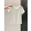 Camiseta base de algodón de bambú amarillo cremoso de manga corta para mujer, de verano, fina, casual, hombro normal, transpirable, estilo coreano