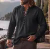 Amazon Transfronteiriça Masculina de Linho Casual com Gola Alta Camiseta Henley de Manga Longa Material de Linho Camisa Henley Vintage