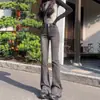 Calça Flare Cinza Fumê Retrô Americana para Mulheres, Estilo Hot Girl Retrô Elástica de Cintura Alta Calça Flare