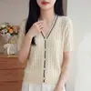 Cardigã Tricotado Gola V Color Block Estilo Chanel para Mulheres, Jaqueta Fina Nova Verão 2026, Camiseta Manga Curta Color Block Emagrecedora