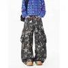 Jeans estilo Hong Kong retrô, novo modelo de outono com estampa de estrelas, corte solto, calça pantalona de cintura alta que emagrece, comprimento até o chão