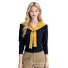 Suéter de tricô estilo xale com blocos de cor para mulheres, nova coleção outono/inverno, macio e confortável, design justo, elegante e valoriza a silhueta, perfeito como camada interna ou suéter