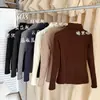 Blusa Básica Feminina Canelada Slim de Gola Meia Alta Manga Longa Quente Outono Inverno 90808