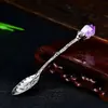 Cuchara de Cristal Amatista Natural, Cuchara de Postre de Cobre Creativa con Diseño Tallado Vintage Incrustado, Cucharilla para Juego de Té y Café
