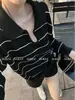 Suéter de tricô listrado color block estilo coreano para mulheres, primavera e outono, estilo old money, top de manga longa com gola polo de modelagem solta