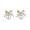 Pendientes de Botón Exquisitos de Diamante Completo con Lazo y Perla Coreanos y Japoneses para Mujer, Modernos, Sencillos, Pequeños, Dulces, Versátiles