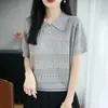 Nuevo estilo de verano Lyocell estilo francés con cuello, manga corta, tejido de punto hueco de lino con diseño adelgazante y corte recto en los hombros