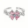 Nuevo Anillo Abierto de Flor de Cuatro Hojas con Diamante Rosa de Zirconio Esmaltado de Trébol de Cuatro Hojas Super Brillante Flor de Lujo Ligero Anillo para Dedo Índice para Mujeres