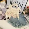 Traje de Verano para Niñas Nuevo 2025 Chaleco Hueco Infantil Tirantes Pantalones Cortos de Mezclilla Infantiles Conjunto de Tres Piezas