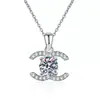 Collar Doble C de Plata de Ley 925 para Mujer, Clásico y de Moda, Cadena para Clavícula de Lujo Ligero Estilo Chanel con Colgante de Moissanita de un Quilate
