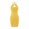Vestido de Punto Calado con Cuello Halter Estilo Puro Deseo para Mujer, Favorecedor de la Figura sin Espalda, Vestido Corto Sexy Ajustado al Cuerpo Amarillo