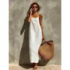 Colección de verano nueva transfronteriza europea y americana: Vestido largo de algodón y lino, de color liso, sexy, retro y sin esfuerzo chic para mujer