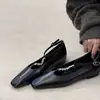 Versión de piel de oveja~Zapatos Mary Jane de piel auténtica con pedrería francesa para mujer, con tira en T, puntera cuadrada, corte bajo, suela plana, zapatos de vestir temperamentales para el trabajo