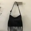 Bolsa de camurça com franjas, bolsa de ombro transversal estilo tribal vintage de outono, bolsa quadrada pequena atmosférica Maillard