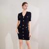 Vestido de Tricô Nanyou para Mulheres, Verão, Decote V, Slim Fit, Manga Curta, Comprimento Médio, Bodycon, Preto, Acinturado, Elegante, Adequado para o Trabalho