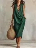 2026 Nuevo Vestido Casual Holgado de Algodón y Lino con Cuello Oscilante para Mujer, Transfronterizo Europeo y Americano de Amazon, para Vacaciones
