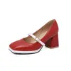 Nova fivela de cinto bico quadrado boca rasa sapatos femininos de primavera e outono salto alto grosso sapatos de salto único 33-48 sapatos de comércio exterior