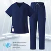 Conjunto de dos piezas de uniforme de enfermera de hospital dental modelo nuevo hecho a medida, unisex de manga corta y pantalón largo con cuello en V, ropa de trabajo