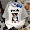 Algodão puro de peso pesado, design de desenho animado único e divertido, camiseta de manga curta com patchwork de ajuste solto, gola redonda, padrão de estrelas, top de verão para homens e mulheres, estilo casal