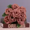 Venta al por mayor de fábrica de rosas artificiales, rosas de diamante de 9 cabezas, flores artificiales, cascada de pared de rosas, flores falsas, ramo de flores de seda