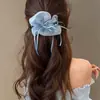 Goma para el pelo de malla azul suave estilo bosque con perlas artificiales, accesorio para el pelo con atmósfera dulce y de cuento de hadas primaveral