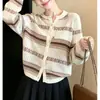 Cárdigan de punto abierto a rayas, cuello redondo, manga larga para mujer, nueva colección temprana de otoño 2026, juvenil, elegante, adelgazante y versátil