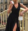 M26D715 Comercio Exterior Ropa Europea y Americana para Mujer Cuello en V Abertura Alta Elegante Color Sólido Vestido de Gama Alta Banquete de Bodas