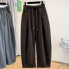 Pantalones anchos engrosados para otoño e invierno, de cintura alta, con cordón, corte holgado, efecto adelgazante, fluidos, casual, mezcla de lana gris, forrados de forro polar, pantalones de pierna curva