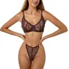 Conjunto de Dos Piezas de Lencería Sexy de Malla Transparente con Tanga, Sujetador de Encaje Color Café Estilo Europeo/Americano, Ultra Delgado con Aros