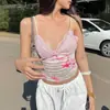 Camisola de encaje con cuello en V estilo europeo y americano para mujer, estampado de leopardo floral fruncida cintura corta que revela el abdomen, ajuste ceñido, top de tirantes interior para chica popular de Instagram