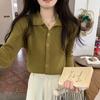 Cardigan Suéter de Tricô Base Feminino Estilo Novo Primavera/Outono Coreano Gola Polo Design Elegante de Botões Estilo Suave 9880