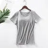 Camiseta Feminina Modal Acolchoada de Manga Curta Copo Tudo-em-Um Cor Lisa Sem Sutiã Yoga Casa Camada Base Top Esportivo