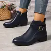 Botas femininas estilo britânico Martin, novos modelos outono e inverno, bico redondo, salto médio grosso, botas femininas de cano curto, botas Chelsea pretas atacado