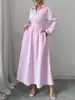 Chic Coreano Principios de Otoño Nuevo Estilo Francés Cuello Alto Cordón en la Cintura Vestido Suelto Estilo Camisa Rayado para Mujer