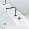Grifo de Lavabo de Cobre Completo Tipo Split Frío y Caliente Color Gris Pistola para Lavabo de Encimera de Baño con Doble Agujero