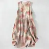 Vestido Casual de Algodão Puro com Estampa Digital Nova, Gola Redonda, Sem Mangas, Comprimento Médio, Para Mulheres, Verão na Praia
