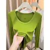 Novidades de Outono Ombro Normal Gola U Grande Manga Longa Camiseta Feminina Slim Fit Estilo Commuter Base Verde Senso de Design Top Nicho