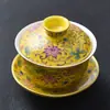 Esmalte Sancai Bol Tazón de Té Kung Fu Juego de Té Amarillo Imperial Taza de Té Individual Tapa para Tazón de Té Tamaño Pequeño