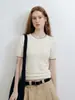 Top de punto beige estilo francés, cuello redondo suave, calado, manga corta para mujer, con textura de alta gama, adelgazante y versátil