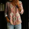 Nova camisa feminina de manga comprida com botões e gola V estampada transfronteiriça, elegante e estilosa para o trabalho, top casual único e moderno
