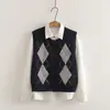 6810 Chaleco estilo japonés estilo universitario dulce con patrón de diamantes + conjunto de dos piezas para mujer con cuello wholesale