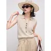 Chaleco tejido de solapa texturizada retro estilo "old money" francés para mujer, casual de verano, top sin mangas elegante y adelgazante