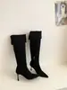 Botas altas de tacón alto con punta de ante caqui de tacón de bloque para mujer, nuevo estilo primavera y otoño 2026, botas altas de montar ajustadas