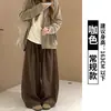 Calça de Veludo Cotelê Cáqui de Perna Larga Feminina Outono 2026 Novo Estilo Petite Cintura Alta Sensação Preguiçosa Relaxada Calça Banana