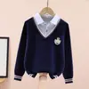 Roupas Infantis Moletom para Meninos Primavera e Outono Estilo Coreano Camiseta Básica Tendência Crianças Mais Velhas Estilo Universitário Novo Peça Falsa de Duas Peças para Meninos